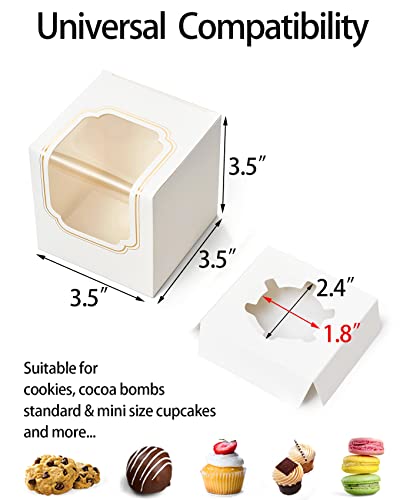 Happyhiram Gold Foil Cupcake Boxes 100 Pcs Bulk, Individual Cupcake Box for Graduation Party Single Cupcake Containers Cardboard Holders with Window and Insert Cocoa Bombs Packaging Togo Boxes - color: Gold White, size: 100-Count