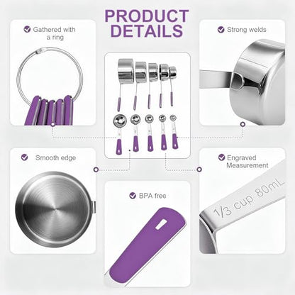 Bopei Measuring Cups and Spoons Set Stainless Steel 10 Piece for Cooking and Baking (5 Cups + 5 Spoons, Purple Handle) - color: Purple