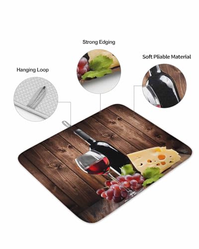 Wine Cheese Dish Drying Mat, Grapes Farmhouse Brown Wooden Plank Absorbent Dish Drying Matt Pad for Kitchen Countertops, Sinks, Dish Drainer Racks, Small 16x18in 2PCS - size: 16x18in 2PCS