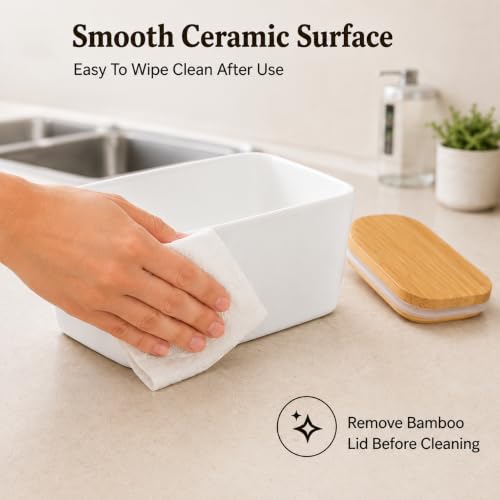 Cheese Container for Refrigerator, Ceramic Cheese Keeper with Airtight Bamboo Lid, Lunch Deli Meat Containers for Fridge,Shredded Cream Block Sliced,Grated,Cheddar Cheeses Storage Box Saver keeper