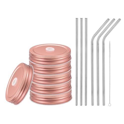uxcell 13pcs Stainless Steel Mason Jar Lids with Straw Hole, 70mm Metal Canning Lid Mason Storage Covers Caps with Silicone Ring/Straws/Cleaning Brush Rose Gold - color: Rose Gold