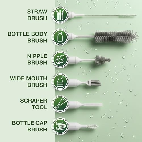 6-in-1 Bottle Brush Set with Holder – Multipurpose Cleaning Kit for Baby Bottles, Reusable Water Bottles, Straws, and Lids – BPA-Free, Compact Storage