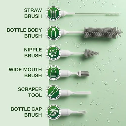 6-in-1 Bottle Brush Set with Holder – Multipurpose Cleaning Kit for Baby Bottles, Reusable Water Bottles, Straws, and Lids – BPA-Free, Compact Storage