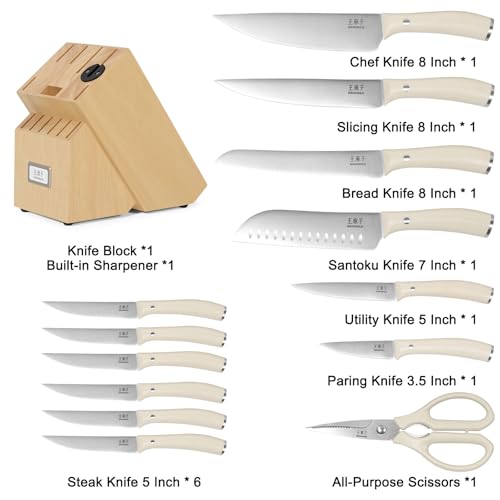 WANGMAZI 15 Pcs Knife Block Set, Japanese High Carbon Stainless Steel Sharp Blade Knife Set, Razor Sharp Knives Set for Kitchen, Dishwasher Safe, Elegant Box for Men Women, Natural - color: 01-Natural