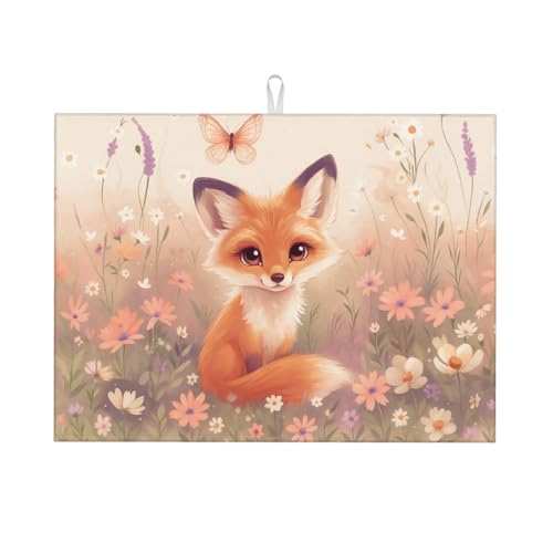 Cute Fox and Floral Dish Drying Mat for Kitchen Counter Microfiber Absorbent Reusable Washable 18x24in - color: Cute Fox And Floral