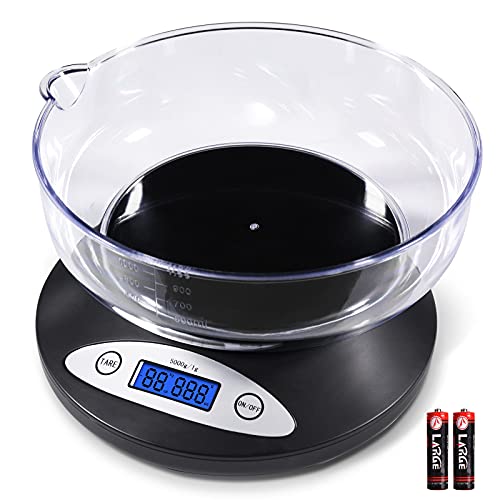 THINKSCALE 11lb Kitchen Scale with Bowl, 1g/0.1oz Backlit LCD for Baking | Digital Food Scale 5kg, Min 3g Start, Grams & Ounces, Easy-Clean, Non-Stick Bowl, Ideal for Baking, Dieting, Meal Prep