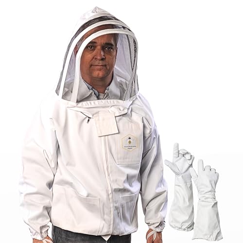 Beekeeping Jacket with Fencing Veil and Gloves, Cotton Bee Jacket for Men and Women, Heavy-Duty Brass Zippers - Large - size: Large
