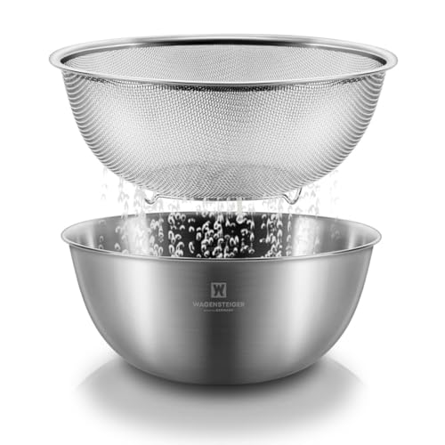 WAGENSTEIGER Stainless Steel Mixing Bowl and 3-Legged Colander Set, Multipurpose Kitchen Basket with Fine Mesh Colander, Salad Mixing Bowl with Strainer, Rinsing Vegetables & Fruits (22cm / 8.66") - size: 8.66 inches