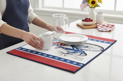Serafina Home Patriotic Dish Drying Mat, America the Beautiful Bicycle Design, Red White Blue, Cotton, 15" x 20", Machine Washable, 4th of July Kitchen Décor - color: patriotic bike