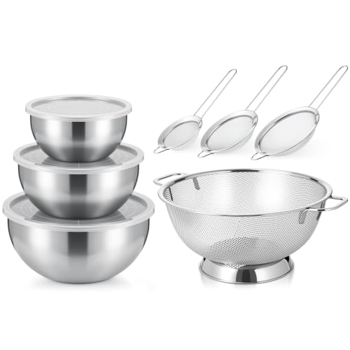Geetery 7 Pcs Stainless Steel Kitchen Accessories Set 3 Nesting Mixing Bowls with Lid(1.5/3/5qt), 1 Colander with Handle(5qt), 3 Fine Mesh Strainers(8/14/20cm) for Cooking, Baking, Prepping, Draining