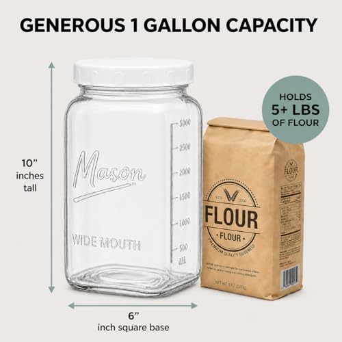 1 Gallon Glass Jars with Lids - Extra Large Mason Jars Wide Mouth with Airtight Plastic Screw On Lids - Square Glass Storage Containers with Measurements for Flour, Sugar, Cookies & Pickling, 3 Pack
