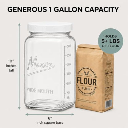 1 Gallon Glass Jars with Lids - Extra Large Mason Jars Wide Mouth with Airtight Plastic Screw On Lids - Square Glass Storage Containers with Measurements for Flour, Sugar, Cookies & Pickling, 3 Pack