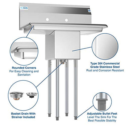 KoolMore - SA101410-10B3 1 Compartment Stainless Steel NSF Commercial Kitchen Prep & Utility Sink with 2 Drainboards - Bowl Size 10" x 14" x 10", Silver - size: 2 Drainboards
