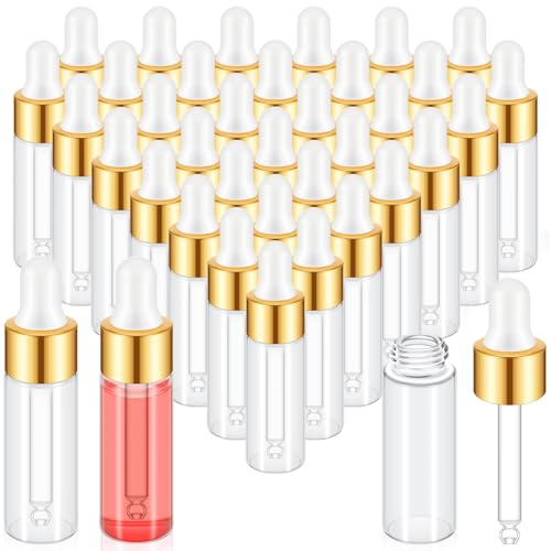 Didaey 200 Pcs 1/2/3/5/10/15 ml Mini Glass Oil Dropper Bottle Bulk, Clear Essential Small Empty Bottles Sample Containers Perfume Liquid Vials with Cap for Traveling (5 ml,Champagne Gold) - color: Champagne Gold, size: 5 ml