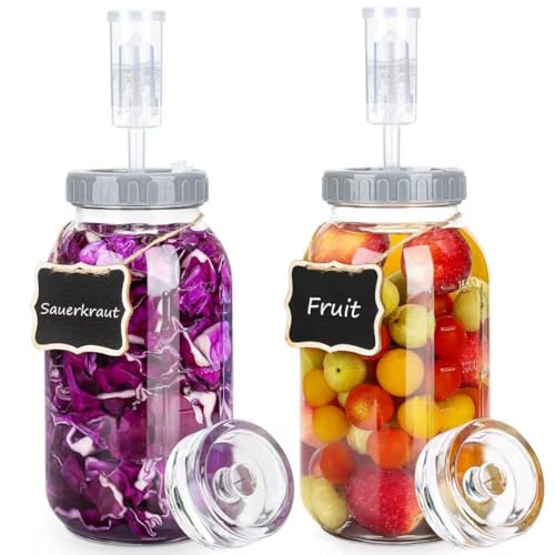 64oz/2L Fermentation Jar Kit with Fermenting Weights and Airlock Lids, Wide Mouth Glass Jars with Scale Mark for Making and Storing Sauerkraut, Pickles (Pack of 2) - size: 64oz * 2pack
