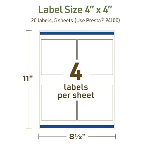 Avery Dissolvable Square Labels, Sure Feed Technology, 4" x 4", Matte White, Laser/Inkjet Printable, 20 Labels Total, Freezer-Safe, Microwave-Safe, Refrigerator-Safe - style: 20 labels