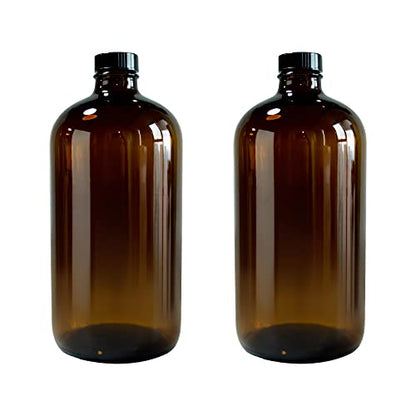 32oz 946ml Amber Boston Round Bottle with 28-400 Black Poly cone Phenolic caps, pack of 2