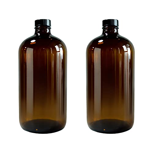 32oz 946ml Amber Boston Round Bottle with 28-400 Black Poly cone Phenolic caps, pack of 2