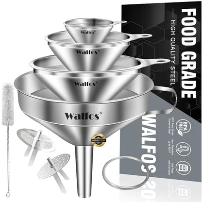 Stainless Steel Funnel, Walfos 4 Pack(4in、3 in、2.2 in、1.7in Kitchen Funnel with 2 Removable Strainer ＆ 1Pcs Cleaning Brush, Perfect for Transferring of Liquid, Oils, Jam, Dry Ingredients & Powder - color: 4pcs 10.4cm+7.5cm+5.5cm+4.5cm