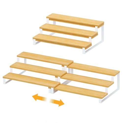 Expandable Can Organizer for Pantry, 3-Tier Adjustable Bamboo & Iron Can Rack for Cabinets, Easy-Access Storage for Canned Goods, Holds Up to 30 Soda & Soup Cans, White - color: White
