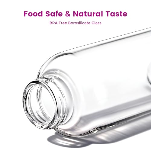 Mrsdry Glass Juice Bottles with Lids and Silicone Sleeves 18 oz, 4-Pack Reusable Clear Glass Water Bottles with Stainless Steel Airtight Cap for Juicing, Refrigerator, BPA Free Leak-Proof Drinking Jar - color: Pink