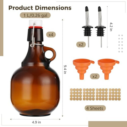 4 Pcs 34oz Beer Bottles for Home Brewing, Amber Glass Gallon Jugs with Airtight Swing Top, Flip Top Storage Bottles Set with Pourers, Funnels, Labels, Glass Containers for Home Brewing