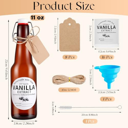 8 Pack 11 Oz Swing Top Glass Bottles Set - Glass Bottles for Vanilla Extract with Caps, Labels, Twine, Funnel & Brush, Reusable Flip Top Bottles for Home Brewing, Oil, Beer, Tea & DIY Crafts