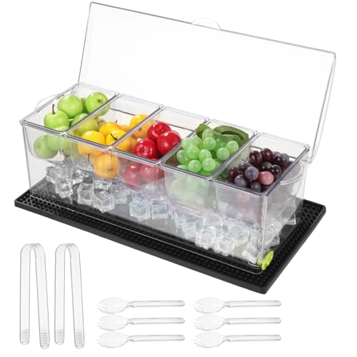 Chilled Condiment Server with Lid, 5-Compartment Plastic Food Storage Container with Drain Holes, Ice Box for Fruits with Cup Coaster, 2 Clips & 6 Fork Spoons, 16.1 x 6.4 x 5.7 in, Transparent
