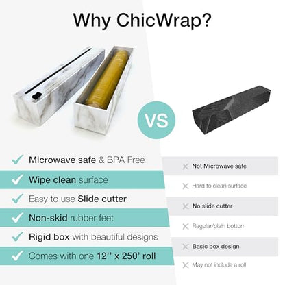 Chicwrap Carrara Marble Refillable Plastic Wrap Dispenser - One 12" x 250' Roll of Professional Grade Plastic Wrap - BPA Free and Kosher Certified - Reusable Dispenser w/Slide Cutter - style: Marble