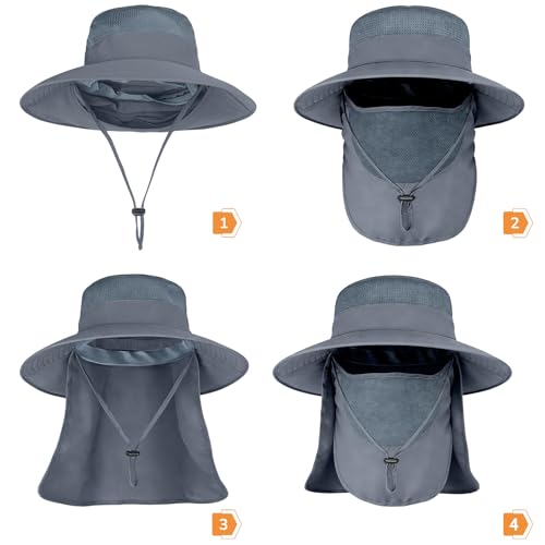 Sun Hats for Men Women Fishing Hat UPF 50+ Breathable Wide Brim Bucket Hats Summer UV Protection Safari Hat with Neck Flap - color: Dark Grey (With Face Cover)