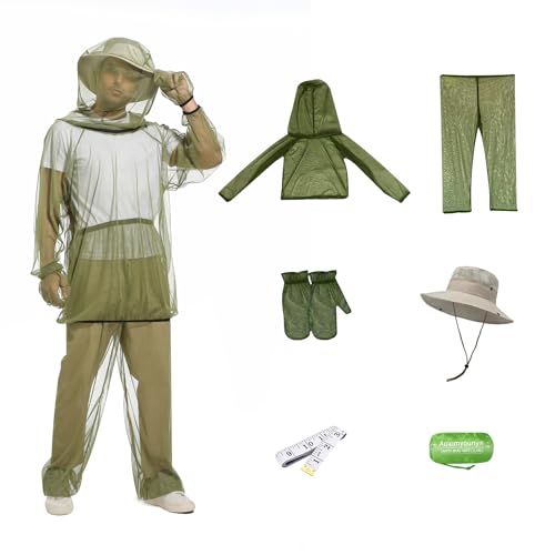 Premium Mosquito Suit-Jacket With Hood/Pants/Mitts/Gift Bag/Tape Measure-Full Body Protection Bugs Clothes - color: Green With Sun Hat, size: Small-Medium