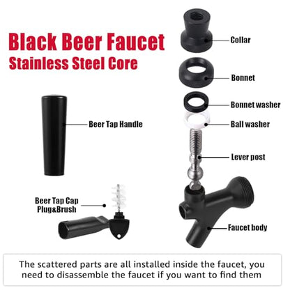 MRbrew Black Beer Faucet, Stainless Steel Core Commercial Kegerator Draft Beer Faucet for Dispenser with Beer Tap Handle & Plug, No Leaks Beer Keg Tap fit Home Bar Homebrew Beer Tower