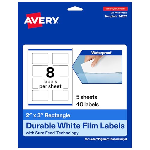 Avery Printable Durable White Rectangle Labels, Sure Feed Technology, 2" x 3", Print-to-the-Edge, Waterproof Labels, Laser & Pigment-Based Inkjet Compatible, 40 Total - style: 40 labels