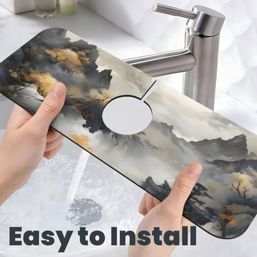 Kitchen Sink Faucet Mat Splash Guard, Chinese Style Ink Painting Of Mountain Pine Trees Super Absorbent Drying Mat, Non-Slip Drain Pad for Bathroom Counter - color: Ink Painting