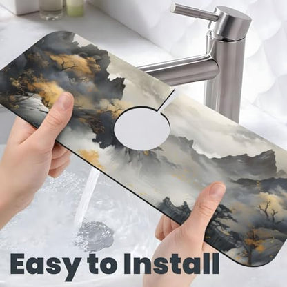 Kitchen Sink Faucet Mat Splash Guard, Chinese Style Ink Painting Of Mountain Pine Trees Super Absorbent Drying Mat, Non-Slip Drain Pad for Bathroom Counter - color: Ink Painting