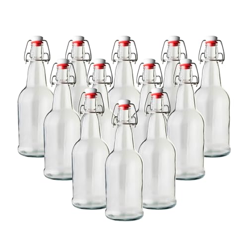 FastRack Swing Top Glass Bottles |16 oz – Pack of 12 | Clear Bottles for Home Brewing | Flip Top Glass Bottle for Carbonated Drinks, Kombucha, Fermentation, Water Food Grade – ECO Friendly - color: Clear