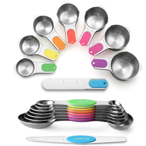 Spring Chef Stainless Steel Neon Magnetic Measuring Cups & Spoons Set of 15 | Patented, BPA Free, Strong Magnets, Heavy Duty - color: Neon, size: Set of 15