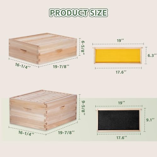 Bee Hive Boxes 10 Frame Langstroth Beehive,Complete Beehive Kit Includes 2 Deep Brood Bee Hives Box, 1 Medium Super Bee Box with Beehive Frames and Foundation - size: 3-Layre