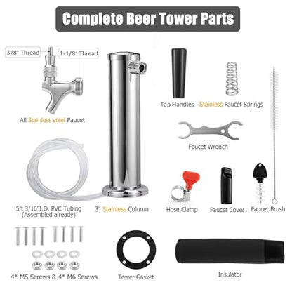 All Stainless Steel Single Beer Tap Tower Draft Beer Tower Kegerator Tower Keg Tower Kegerator Parts Kegerator Kit Beer Tap Faucet Pre-assembled Beer Line 3" Beer Tower Dispenser