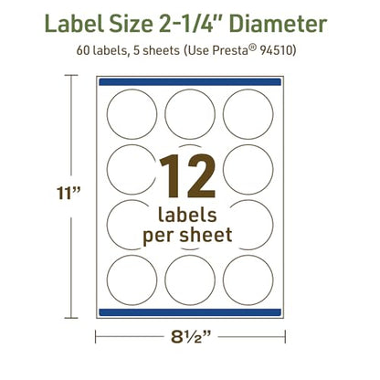 Avery Dissolvable Round Labels, Sure Feed Technology, 2.25" Diameter, Matte White, Print-to-The-Edge, Laser/Inkjet Printable, 60 Labels Total - style: 60 labels