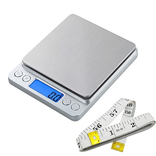 Small Digital Scale,3kg/0.1g,6.6lb,Kitchen Scale,Food Scale,with Blue Backlit LCD Display, 6 Units, Auto Off, Tare, PCS Function, Stainless Steel, Battery Included