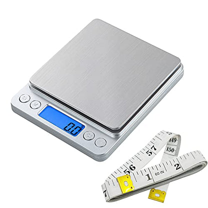 Small Digital Scale,3kg/0.1g,6.6lb,Kitchen Scale,Food Scale,with Blue Backlit LCD Display, 6 Units, Auto Off, Tare, PCS Function, Stainless Steel, Battery Included