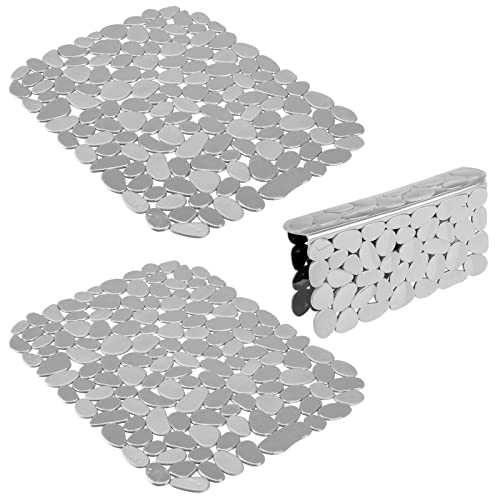 mDesign Adjustable Kitchen Sink Dish Drying Mat/Grid - Soft Plastic Sink Protector, Cushions Sink, Dishes - Quick Draining Pebble Design - Includes 1 Saddle, 2 Large Mats - Set of 3 - Light Gray Stone - color: Light Grey