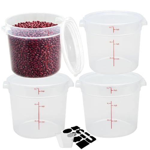 BIEAMA 4 Pack 6 Qt Round Food Storage Containers with Lids, Translucent PP | Include lids, labels, measuring cups and containers with capacity markings for food prep, pantry storage and dough proofing. - color: 6Qt Round-4 Pack