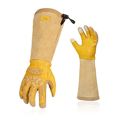 Vgo... Men's Extra-Long Leather Gardening Gloves, Gauntlet with Adjustable Cuff, Puncture & Thorn Proof, Touchscreen (CA9659) - color: 1 Pair - Yellow, size: Men's Large