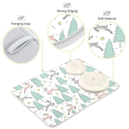 Winter Deer Tree Stars Dish Drying Mat for Kitchen Counter Super Absorbent Draining Mat with Non-slip Backed Coffee Mat for Dish Bottles Cups Bowl Sinks Countertops Draining Racks