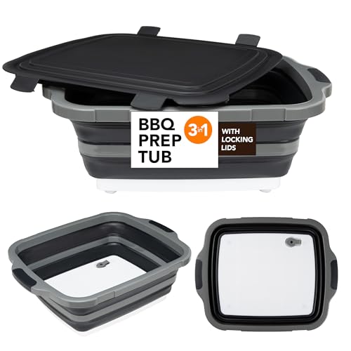 Large Collapsible BBQ Prep Tub with Locking Lid, Basket for Meal Prep Marinating Food Storage, Plastic Cutting Board(4.22 Gal/16L), Camping Sink with Colander, Dish Basin - color: Black, size: 20"L x 16.3"W