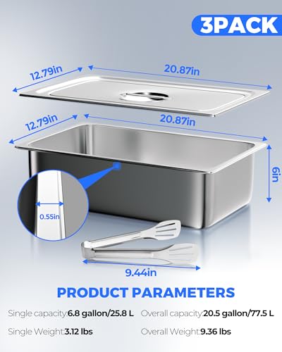 WantJoin Steam Table Hotel Pans with Lid 1/1 Full Size 6 Inch Deep 3 Pack, Thickened Stainless Steel Metal Tray Sets Food Storage Container, Restaurant Chafing Dishes Commercial Buffet Warmer Catering - color: 6" Deep 3 Pack, size: 1/1 Size Thickened