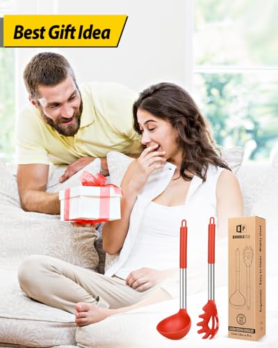 Silicone Pasta Fork and Ladle Spoon Set, Large Non Stick Kitchen Utensils for Cooking,Stirring,Serving Spaghetti, Soup, Sauce (RED) - color: Red