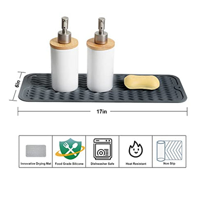ZLR 2 Pcs Small Dish Drying Mat (6" x 17" / 153 x 433mm) - Narrow Silicone Drainer for Kitchen Counter, Apartment & RV - Compact Sponge Holder & Sink Caddy Tray, Non-Slip Food-Grade (Dark Gray) - color: Dark Gray, size: 17" x 6"